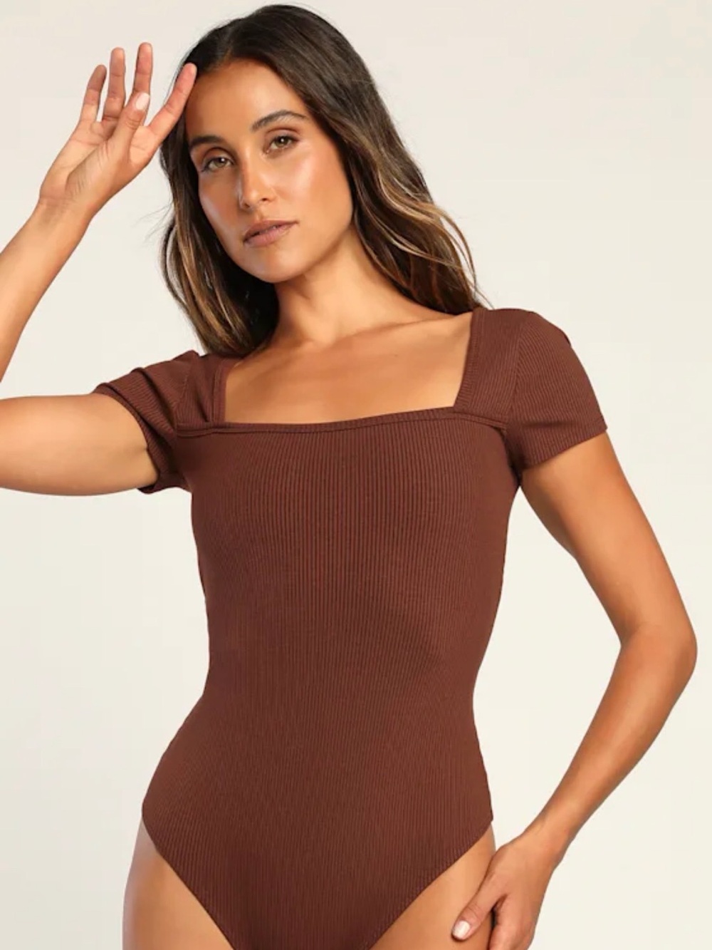 Lulus Ribbed Knit Bodysuit Burgundy Square Neck Short Sleeve XL